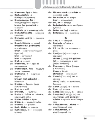 211
Wörterverzeichnis Deutsch-Ukrainisch
das Boxen (nur Sg.) — бокс
der Boxhandschuh, -e —
боксерська рукавиця
das Brandenburger Tor —
Бранденбургські ворота
braten (hat gebraten) —
смажити
der Bratfisch, -e — смажена риба
die Bratkartoffeln (Pl.) — смажена
картопля
die Bratwurst, ...würste — смажена
ковбаса
der Brauch, Bräuche — звичай
brauchen (hat gebraucht) —
потребувати
braun — коричневий; карий
(про очі)
brav — слухняний
breit — широкий
der Brief, -e — лист
der Brieffreund, -e — друг за
листуванням
die Brieffreundin, -nen — подруга
за листуванням
die Briefmarke, -n — поштова
марка
bringen (hat gebracht) —
принести
der Brocken — Брокен (гора
в Німеччині)
das Brot, -e — хліб
das Brötchen, - — булочка
der Brotkorb, ...körbe — хлібниця,
кошик для хліба
der Bruder, Brüder — брат
die Brühe, -n — юшка, бульйон
der Brunnen, - — фонтан
das Buch, Bücher — книжка
das Bücherregal, -e — книжкова
полиця
der Bücherschrank, ...schränke —
книжкова шафа
der Buchstabe, -n — літера
bunt — кольоровий
der Bus, -se — автобус
die Bushaltestelle, -n — автобусна
зупинка
die Butter (nur Sg.) — масло
die Butterdose, -n — маслянка
Cc
das Café, -s — кав’ярня
die Cafeteria, -s/...rien —
кафетерій
die CD [tse:'de:], -s — компакт-
диск
der Cent [s*nt]/[ts*nt], -s/- —
євроцент
chatten [t)60tn. ] (hat gechat-
tet) — листуватися в чаті
(через Інтернет)
der Chiemsee — Хімзе (озеро
в Німеччині)
China — Китай
chinesisch — китайський
die Chronik ['kro:nk], -en —
хроніка
circa ['tsrka] — приблизно,
близько
der Clown [kla
(
n], -s — клоун
die Cola, -s/- — кола
die Collage [k1'la:43], -n — колаж
der Computer [k1m'pju:t ], - —
комп’ютер; (am) Computer
spielen — грати в комп’ютерні
ігри
der Computerraum, ...räume —
комп’ютерний клас
der Computertisch, -e —
комп’ютерний стіл
 