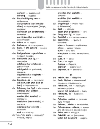 214
Wörterverzeichnis Deutsch-Ukrainisch
entfernt — віддалений
entlang — вздовж
die Entschuldigung, -en —
вибачення
entsprechen (hat entspro-
chen) — відповідати (напр.,
умовам)
entstehen (ist entstanden) —
виникати
entzücken (hat entzückt) —
захоплювати
die Erbse, -n — горох
die Erdbeere, -n — полуниця
die Erde, -n (Pl. selten) — земля;
Земля
das Erdgeschoss, ...geschösse —
перший поверх
die Erdkunde (nur Sg.) —
географія
erfahren (hat erfahren) —
дізнаватися
erfolgreich — успішний;
успішно
ergänzen (hat ergänzt) —
доповнювати
das Ergebnis, -se — результат
erholen, sich (hat sich er-
holt) — відпочивати
die Erholung (nur Sg.) — відпочинок
erklären (hat erklärt) —
пояснювати
erraten (hat erraten) —
відгадати
erreichen (hat erreicht) —
досягти
ersetzen (hat ersetzt) —
замінити
erst — спочатку
der/das/die erste — перший/
перше/перша
erstellen (hat erstellt) —
скласти
erzählen (hat erzählt) —
розповідати
das Erzgebirge — Рудні гори
(в Німеччині)
der Esel, - — віслюк
essen (hat gegessen) — їсти
der Essig (nur Sg.) — оцет
der Esslöffel, - — столова ложка
das Esszimmer, - — їдальня
(кімната)
etwa — близько, приблизно
etwas — щось; трішки
euch — вас, вам
euer/eure — ваш, ваше/ваша,
ваші
die Eule, -n — сова
der Euro, - — євро
Europa — Європа
exotisch — екзотичний
das Exponat, -e — експонат
Ff
die Fabrik, -en — фабрика
das Fach, Fächer — навчальний
предмет, спеціальність
die Fahrbahn, -en — проїжджа
частина дороги
fahren (ist gefahren) — їхати
die Fahrkarte, -n — проїзний
квиток
der Fahrplan, ...pläne — розклад
руху поїздів
das Fahrrad, ...räder — велосипед
der Fahrradraum, ...räume — місце
для зберігання велосипедів
die Fahrt, -en — поїздка
die Fakultät, -en — факультет
fallen (ist gefallen) — падати
 