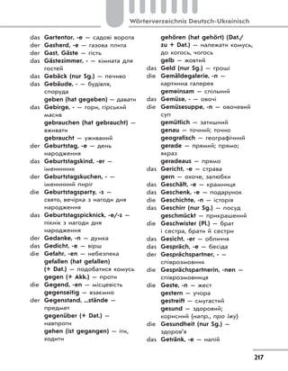 217
Wörterverzeichnis Deutsch-Ukrainisch
das Gartentor, -e — садові ворота
der Gasherd, -e — газова плита
der Gast, Gäste — гість
das Gästezimmer, - — кімната для
гостей
das Gebäck (nur Sg.) — печиво
das Gebäude, - — будівля,
споруда
geben (hat gegeben) — давати
das Gebirge, - — гори, гірський
масив
gebrauchen (hat gebraucht) —
вживати
gebraucht — уживаний
der Geburtstag, -e — день
народження
das Geburtstagskind, -er —
іменинник
der Geburtstagskuchen, - —
іменинний пиріг
die Geburtstagsparty, -s —
свято, вечірка з нагоди дня
народження
das Geburtstagspicknick, -e/-s —
пікнік з нагоди дня
народження
der Gedanke, -n — думка
das Gedicht, -e — вірш
die Gefahr, -en — небезпека
gefallen (hat gefallen)
(+ Dat.) — подобатися комусь
gegen (+ Akk.) — проти
die Gegend, -en — місцевість
gegenseitig — взаємно
der Gegenstand, ...stände —
предмет
gegenüber (+ Dat.) —
навпроти
gehen (ist gegangen) — іти,
ходити
gehören (hat gehört) (Dat./
zu + Dat.) — належати комусь,
до когось, чогось
gelb — жовтий
das Geld (nur Sg.) — гроші
die Gemäldegalerie, -n —
картинна галерея
gemeinsam — спільний
das Gemüse, - — овочі
die Gemüsesuppe, -n — овочевий
суп
gemütlich — затишний
genau — точний; точно
geografisch — географічний
gerade — прямий; прямо;
якраз
geradeaus — прямо
das Gericht, -e — страва
gern — охоче, залюбки
das Geschäft, -e — крамниця
das Geschenk, -e — подарунок
die Geschichte, -n — історія
das Geschirr (nur Sg.) — посуд
geschmückt — прикрашений
die Geschwister (Pl.) — брат
і сестра, брати й сестри
das Gesicht, -er — обличчя
das Gespräch, -e — бесіда
der Gesprächspartner, - —
співрозмовник
die Gesprächspartnerin, -nen —
співрозмовниця
die Geste, -n — жест
gestern — учора
gestreift — смугастий
gesund — здоровий;
корисний (напр., про їжу)
die Gesundheit (nur Sg.) —
здоров’я
das Getränk, -e — напій
 