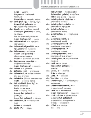 223
Wörterverzeichnis Deutsch-Ukrainisch
lange — довго
langsam — повільний;
повільно
langweilig — нудний; нудно
der Lärm (nur Sg.) — гамір, шум
lassen (hat gelassen) —
примушувати; залишати
der Lauch, -e — цибуля порей
laufen (ist gelaufen) — бігти,
іти пішки
laut — голосний; голосно
leben (hat gelebt) — жити
das Lebensmittel, - — продукт
харчування
das Lebensmittelgeschäft, -e —
продовольчий магазин
das Lebewesen, - — істота
lecken (hat geleckt) —
облизувати, лизати
lecker — смачний; смачно
der Lederanzug, ...anzüge —
шкіряний костюм
legen (hat gelegt) — класти
der Lehrer, - — учитель
die Lehrerin, -nen — учителька
der Lehrertisch, -e — письмовий
стіл для вчителя
die Lehrkräfte (Pl.) — учительство
leicht — легкий; легко
die Leichtathletik (nur Sg.) —
легка атлетика
leider — на жаль
leise — тихий; тихо
lernen (hat gelernt) —
учити(ся)
lesen (hat gelesen) — читати
der Leserbrief, -e — читацький
лист
letzter — останній
die Leute (Pl.) — люди
liebe/lieber — люба/любий
lieben (hat geliebt) — любити
lieber (від gern) — краще
das Lieblingsbuch, ...bücher —
улюблена книжка
das Lieblingsfach, ...fächer —
улюблений предмет
die Lieblingsfarbe, -n —
улюблений колір
das Lieblingsfest, -e — улюблене
свято
das Lieblingsgetränk, -e —
улюблений напій
die Lieblingsjahreszeit, -en —
улюблена пора року
die Lieblingsspeise, -n —
улюблена страва
die Lieblingssportart, -en —
улюблений вид спорту
das Lieblingstier, -e — улюблена
тварина
das Lied, -er — пісня
liegen (hat gelegen) —
лежати
das Lineal, -e — лінійка
links — ліворуч
die Liste, -n — список
der/das Liter, - — літр
das Literaturquiz, - — літературна
вікторина
der Literaturwettbewerb, -e —
літературний конкурс
der LKW, -s — вантажівка
loben (hat gelobt) — хвалити
das Loch, Löcher — дірка; нора
lockern (hat gelockert) —
послабляти, розпушувати
lockig — кучерявий
der Löffel, - — ложка
los — геть
 