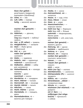 224
Wörterverzeichnis Deutsch-Ukrainisch
lösen (hat gelöst) —
розв’язувати (завдання),
вирішувати (проблему)
der Löwe, -n — лев
die Luft, Lüfte — повітря
lustig — веселий; весело
Mm
machen (hat gemacht) —
робити
das Mädchen, - — дівчина,
дівчинка
mag (від mögen) — люблю/
любить
der Mai, -e (Pl. selten) — травень
das Maiglöckchen, - — конвалія
der Main — Майн (річка
в Німеччині)
das Mal, -e — раз
malen (hat gemalt) —
малювати
der Maler, - — художник
die Malerin, -nen — художниця
malerisch — мальовничий
der Malkasten, ...kästen — набір
для малювання
der Malwettbewerb, -e — конкурс
малюнку
manche — деякі
manchmal — інколи
die Mandarine, -n — мандарин
der Mann, Männer — чоловік
die Mannschaft, -en — команда
der Mantel, Mäntel — пальто
das Märchen, - — казка
der Markt, Märkte — ринок
die Marmelade, -n — повидло,
джем
die Marmeladendose, -n —
вазочка для повидла
die Maske, -n — маска
das Matrosenhemd, -en —
матроска
die Mauer, -n — мур, стіна
die Maus, Mäuse — миша
das Meer, -e — море
das Meerschweinchen, - —
морська свинка
das Mehl (nur Sg.) — борошно
mehr (від viel) — більше
mehrmals — неодноразово,
багато разів
mein/meine — мій, моє/моя,
мої
meinen (hat gemeint) —
вважати, думати
die Meinung, -en — думка
meistens — здебільшого
die Melone, -n — диня
der Mensch, -en — людина
merken (hat gemerkt) —
помічати; запам’ятати
das Messer, - — ніж
miauen (hat gemiaut) —
нявкати
mich — мене
die Milch (nur Sg.) — молоко
das Milchkännchen, - — молочник
die Milchprodukte (Pl.) — молочні
продукти
die Million, -en — мільйон
das Mineralwasser, ...wässer —
мінеральна вода
die Minute, -n — минута
misstrauen (hat misstraut) — не
довіряти
mit (+ Dat.) — з
mit|bringen (hat mitge-
bracht) — приносити
з собою
 