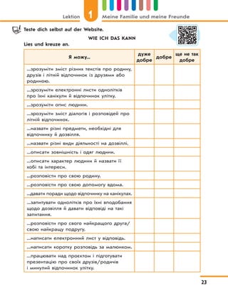 Lektion 1 Meine Familie und meine Freunde
23
Teste dich selbst auf der Website.
WIE ICH DAS KANN
Lies und kreuze an.
Я можу...
дуже
добре
добре
ще не так
добре
...зрозуміти зміст різних текстів про родину,
друзів і літній відпочинок із друзями або
родиною.
...зрозуміти електронні листи однолітків
про їхні канікули й відпочинок улітку.
...зрозуміти опис людини.
...зрозуміти зміст діалогів і розповідей про
літній відпочинок.
...назвати різні предмети, необхідні для
відпочинку й дозвілля.
...назвати різні види діяльності на дозвіллі.
...описати зовнішність і одяг людини.
...описати характер людини й назвати її
хобі та інтереси.
...розповісти про свою родину.
...розповісти про свою допомогу вдома.
...давати поради щодо відпочинку на канікулах.
...запитувати однолітків про їхні вподобання
щодо дозвілля й давати відповіді на такі
запитання.
...розповісти про свого найкращого друга/
свою найкращу подругу.
...написати електронний лист у відповідь.
...написати коротку розповідь за малюнком.
...працювати над проєктом і підготувати
презентацію про своїх друзів/родичів
і минулий відпочинок улітку.
 