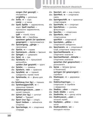 232
Wörterverzeichnis Deutsch-Ukrainisch
sorgen (hat gesorgt) —
піклуватися
sorgfältig — ретельно
die Soße, -n — соус
sowie — а також
der Spaß, Späße — задоволення,
жарт; Spaß machen —
приносити задоволення,
радувати
spät — пізній; пізно
der Spatz, -en — горобець
spazieren gehen (ist spazieren
gegangen) — прогулюватися
der Spaziergang, ...gänge —
прогулянка
die Speise, -n — страва
der Speiseraum, ...räume — їдальня
der Spiegel, - — дзеркало
das Spiel, -e — гра
das Spielauto, -s — іграшковий
автомобіль
spielen (hat gespielt) — грати
der Spieler, - — гравець
die Spielerin, -nen — гравчиня
das Spielfeld, -er — ігровий
майданчик; ігрове поле
die Spielmarke, -n — фішка для
гри
das Spielzeug (nur Sg.) — іграшки
das Spielzeuggeschäft, -e —
крамниця іграшок
das Spielzeugmuseum, ...seen —
музей іграшок
der Spinat (nur Sg.) — шпинат
Spitze! — Чудово!
der Sport (nur Sg.) — спорт;
Sport treiben — займатися
спортом
die Sportanlage, -n — спортивна
споруда
die Sportart, -en — вид спорту
das Sportfest, -e — спортивне
свято
das Sportgeschäft, -e — крамниця
спорттоварів
die Sporthalle, -n — спортзал
der Sportlehrer, - — учитель
фізкультури
der Sportler, - — спортсмен
die Sportlerin, -nen —
спортсменка
sportlich — спортивний
der Sportplatz, ...plätze —
спортивний майданчик
der Sportverein, -e — спортивний
клуб, спортивне товариство
der Sportwettbewerb, -e —
спортивне змагання
der Sportwettkampf, ...kämpfe —
спортивне змагання
sprechen (hat gesprochen) —
розмовляти
die Spree — Шпрее (річка
в Німеччині)
springen (ist gesprungen) —
стрибати
die Staatsoper, -n — державна
опера
der Stabhochspringer, - —
спортсмен зі стрибків
з жердиною
das Stadion, ...dien — стадіон
die Stadt, Städte — місто
die Stadtmitte, -n — центр міста
das Stadtmuseum, ...seen —
міський музей
der Stadtplan, ...pläne — план
міста
die Stadtrundfahrt, -en —
екскурсія містом
 