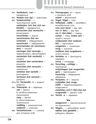 236
Wörterverzeichnis Deutsch-Ukrainisch
die Verkäuferin, -nen —
продавчиня
der Verkehr (nur Sg.) — транспорт
das Verkehrsmittel, - —
транспортний засіб
verkleiden, sich (hat sich ver-
kleidet) — наряджатися
vermischen (hat vermischt) —
розмішувати
verschieden — різний
verschmutzen (hat ver-
schmutzt) — забруднювати
verschmutzt — забруднений
verschwinden (ist verschwun-
den) — зникати
versorgen (hat versorgt) —
забезпечувати, обслуговувати
verstecken (hat versteckt) —
сховати
verstehen (hat verstanden) —
розуміти
versuchen (hat versucht) —
намагатися
verteilen (hat verteilt) —
розподіляти
vertrauen (hat vertraut) —
довіряти
der/die Verwandte, -n — родич/
родичка
das Videospiel, -e — відеогра
viel — багато
(з необчислюваними
іменниками)
viele — багато
(з обчислюваними
іменниками)
vielfältig — різноманітний
vielleicht — можливо
das Vierbettzimmer, - — кімната
для чотирьох осіб
die Vierergruppe, -n — група
з чотирьох осіб
violett — фіолетовий
der Vogel, Vögel — птах
der Volleyball, ...bälle — волейбол;
волейбольний м’яч
vom (von dem) — від; про
von (+ Dat.) — від; про
vor (+ Dat./Akk.) — перед
vorbei — повз; vorbei sein —
пройти, минути
vor|bereiten (hat vorberei-
tet) — підготувати
vorgestern — позавчора
vorig — минулий
vor|lesen (hat vorgelesen) —
читати вголос
die Vorliebe, -n — пристрасть,
перевага
vorne — попереду
der Vorschlag, ...schläge —
пропозиція
vor|schlagen (hat vorgeschla-
gen) — пропонувати
vorsichtig — обережний;
обережно
die Vorspeise, -n — закуска
vor|stellen (hat vorge-
stellt) — відрекомендувати,
представити
vor|stellen, sich (+ Dat.) (hat sich
vorgestellt) — уявляти собі
der Vorteil, -e — перевага
Ww
waagerecht — горизонтальний;
по горизонталі
der Wagen, - — автомобіль; вагон
wählen (hat gewählt) —
вибирати, обирати
 