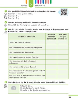 Lektion 2 Schulleben
33
 Wer spricht hier? Höre die Gespräche und ergänze die Namen.
Interview 1: Hier spricht Niklas.
Interview 2: ...
Interview 3: ...
 Wessen Meinung gefällt dir? Warum? Antworte.
Mir gefällt die Meinung von ..., denn ich ... auch ... .
 Was ist die Schule für euch? Macht eine Umfrage in Kleingruppen und
kommentiert dann ihre Ergebnisse.
Die Schule ist für uns...
Wie viele
Mädchen
denken so?
Wie viele
Jungen
denken so?
Das ist der Ort zum Lernen.
Hier bekommen wir Noten und Zeugnisse.
Hier bekommen wir Kenntnisse.
Hier habe ich meine besten Freunde.
Hier kann man die Zeit interessant
verbringen.
Hier lernen wir für unsere Zukunft.
Hier kann ich in den Pausen spielen und mit
Freunden sprechen.
Hier kann man in den Stunden viel Neues und
Interessantes erfahren.
 Wozu besuchst du die Schule? Schreibe einen Internetbeitrag darüber.
Hallo, ich bin ... .
Ich bin Schüler/in der 7. Klasse.
Ich gehe in die Schule gern, denn ... .
 