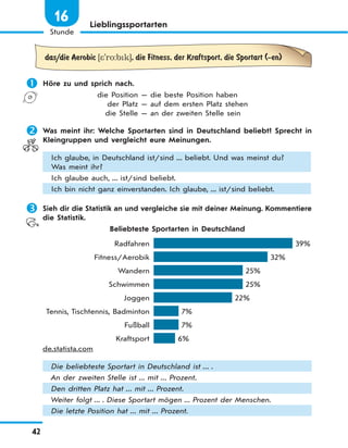42
Stunde
16 Lieblingssportarten
das/die Aerobic [*'ro:bk], die Fitness, der Kraftsport, die Sportart (-en)
 Höre zu und sprich nach.
die Position — die beste Position haben
der Platz — auf dem ersten Platz stehen
die Stelle — an der zweiten Stelle sein
 Was meint ihr: Welche Sportarten sind in Deutschland beliebt? Sprecht in
Kleingruppen und vergleicht eure Meinungen.
Ich glaube, in Deutschland ist/sind ... beliebt. Und was meinst du?
Was meint ihr?
Ich glaube auch, ... ist/sind beliebt.
Ich bin nicht ganz einverstanden. Ich glaube, ... ist/sind beliebt.
 Sieh dir die Statistik an und vergleiche sie mit deiner Meinung. Kommentiere
die Statistik.
Beliebteste Sportarten in Deutschland
Radfahren 39%
Fitness/Aerobik 32%
Wandern 25%
Schwimmen 25%
Joggen 22%
Tennis, Tischtennis, Badminton 7%
Fußball 7%
Kraftsport 6%
de.statista.com
Die beliebteste Sportart in Deutschland ist ... .
An der zweiten Stelle ist ... mit ... Prozent.
Den dritten Platz hat ... mit ... Prozent.
Weiter folgt ... . Diese Sportart mögen ... Prozent der Menschen.
Die letzte Position hat ... mit ... Prozent.
 