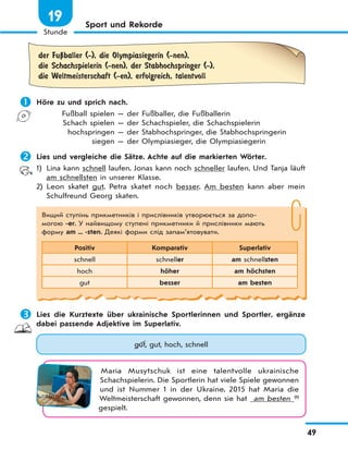 49
Stunde
19 Sport und Rekorde
der FuЏballer (-), die Olympiasiegerin (-nen),
die Schachspielerin (-nen), der Stabhochspringer (-),
die Weltmeisterschaft (-en), erfolgreich, talentvoll
 Höre zu und sprich nach.
Fußball spielen — der Fußballer, die Fußballerin
Schach spielen — der Schachspieler, die Schachspielerin
hochspringen — der Stabhochspringer, die Stabhochspringerin
siegen — der Olympiasieger, die Olympiasiegerin
 Lies und vergleiche die Sätze. Achte auf die markierten Wörter.
1) Lina kann schnell laufen. Jonas kann noch schneller laufen. Und Tanja läuft
am schnellsten in unserer Klasse.
2) Leon skatet gut. Petra skatet noch besser. Am besten kann aber mein
Schulfreund Georg skaten.
Вищий ступінь прикметників і прислівників утворюється за допо-
могою -er. У найвищому ступені прикметники й прислівники мають
форму am ... -sten. Деякі форми слід запам’ятовувати.
Positiv Komparativ Superlativ
schnell schneller am schnellsten
hoch höher am höchsten
gut besser am besten
 Lies die Kurztexte über ukrainische Sportlerinnen und Sportler, ergänze
dabei passende Adjektive im Superlativ.
gut, gut, hoch, schnell
Maria Musytschuk ist eine talentvolle ukrainische
Schachspielerin. Die Sportlerin hat viele Spiele gewonnen
und ist Nummer 1 in der Ukraine. 2015 hat Maria die
Weltmeisterschaft gewonnen, denn sie hat am besten (1)
gespielt.
 