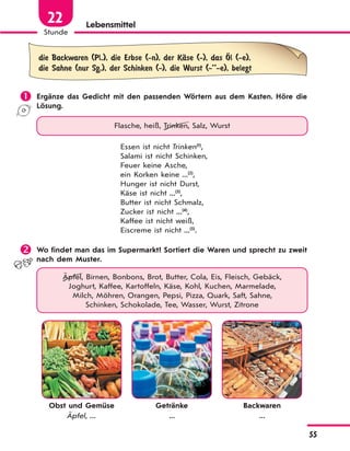 55
Stunde
22 Lebensmittel
die Backwaren (Pl.), die Erbse (-n), der KЉse (-), das l (-e),
die Sahne (nur Sg.), der Schinken (-), die Wurst (-’’-e), belegt
 Ergänze das Gedicht mit den passenden Wörtern aus dem Kasten. Höre die
Lösung.
Flasche, heiß, Trinken, Salz, Wurst
Essen ist nicht Trinken(1)
,
Salami ist nicht Schinken,
Feuer keine Asche,
ein Korken keine ...(2)
,
Hunger ist nicht Durst,
Käse ist nicht ...(3)
,
Butter ist nicht Schmalz,
Zucker ist nicht ...(4)
,
Kaffee ist nicht weiß,
Eiscreme ist nicht ...(5)
.
 Wo findet man das im Supermarkt? Sortiert die Waren und sprecht zu zweit
nach dem Muster.
Äpfel, Birnen, Bonbons, Brot, Butter, Cola, Eis, Fleisch, Gebäck,
Joghurt, Kaffee, Kartoffeln, Käse, Kohl, Kuchen, Marmelade,
Milch, Möhren, Orangen, Pepsi, Pizza, Quark, Saft, Sahne,
Schinken, Schokolade, Tee, Wasser, Wurst, Zitrone
Obst und Gemüse Getränke Backwaren
Äpfel, ... ... ...
 