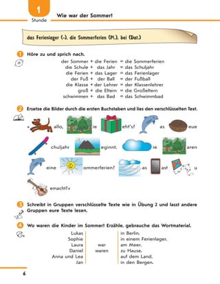 6
1
Stunde
Wie war der Sommer?
das Ferienlager (-), die Sommerferien (Pl.), bei (Dat.)
 Höre zu und sprich nach.
der Sommer + die Ferien = die Sommerferien
die Schule + das Jahr = das Schuljahr
die Ferien + das Lager = das Ferienlager
der Fuß + der Ball = der Fußball
die Klasse + der Lehrer = der Klassenlehrer
groß + die Eltern = die Großeltern
schwimmen + das Bad = das Schwimmbad
 Ersetze die Bilder durch die ersten Buchstaben und lies den verschlüsselten Text.
« allo, ie eht’s? as eue
chuljahr eginnt. ie aren
eine ommerferien? as ast u
emacht?»
 Schreibt in Gruppen verschlüsselte Texte wie in Übung 2 und lasst andere
Gruppen eure Texte lesen.
 Wo waren die Kinder im Sommer? Erzähle, gebrauche das Wortmaterial.
Lukas
Sophie
Laura
Daniel
Anna und Lea
Jan
war
waren
in Berlin.
in einem Ferienlager.
am Meer.
zu Hause.
auf dem Land.
in den Bergen.
 
