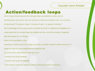 Action/feedback loops
Der er mange inklusive jeg selv der misbruger disse og resultatet kan være, at de er
demotiverende, fordi hvis du f.eks. Har sat dig for at tabe 4 kg. Indenfor 6 mdr., hvor tit skal du
så veje dig selv? En gang om dagen?, en gang om ugen?, en gang om måneden?
Når du planlægger skal du passe på ikke at afsætte for lidt tid vi er allesammen tilbøjelige til, at
undervurdere den tid et projekt tager og resultatet kan blive, at det bliver sjusket, mangelfuld
eller helt droppes før vi er færdige.
Derfor hav tid og afsæt tid, NOK.
Operahuset I Sydney tog 10 år at bygge og det blev en skrabet model der kostede mere end 10
gange så meget som det budgetterede til at begynde med.
Lav på dit mål en Action/feedback plan gør det nu:
- Hvordan vil du få den feedback
- Hvordan vil du bruge den feedback
- Hvor tit skal du bruge den feedback (dels for optimering og dels for motivering)
Copyright Janus Rokkjær
 