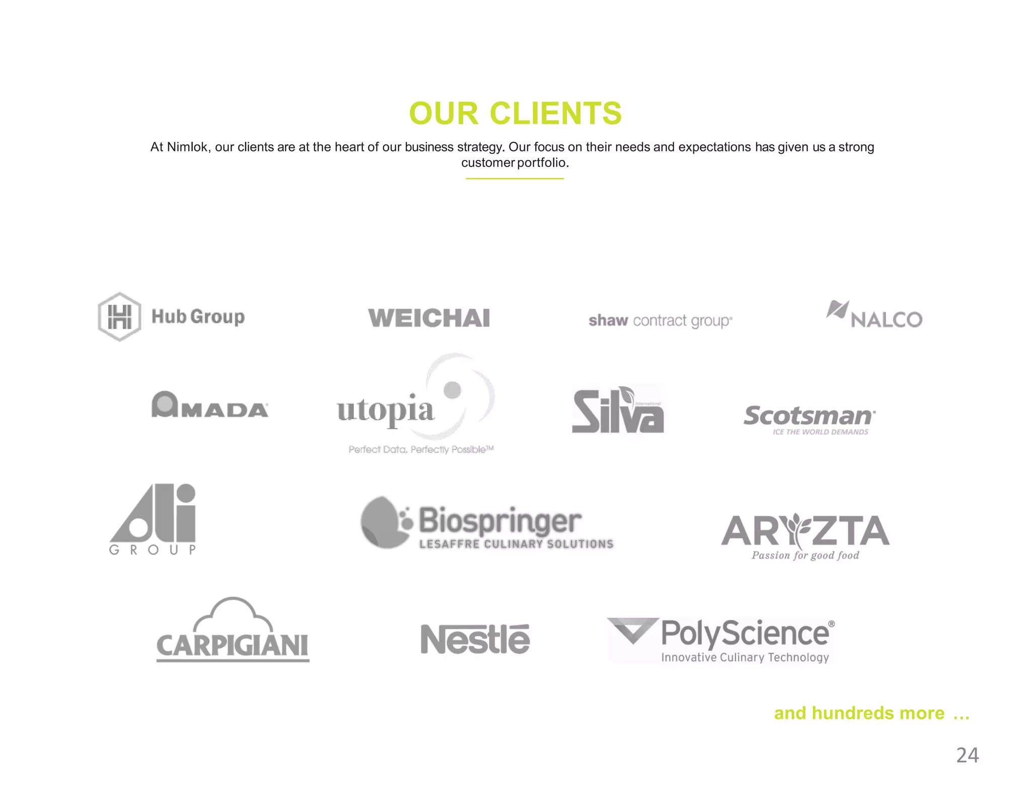 OUR CLIENTS
At Nimlok, our clients are at the heart of our business strategy. Our focus on their needs and expectations has given us a strong
customer portfolio.
and hundreds more ...
24
 