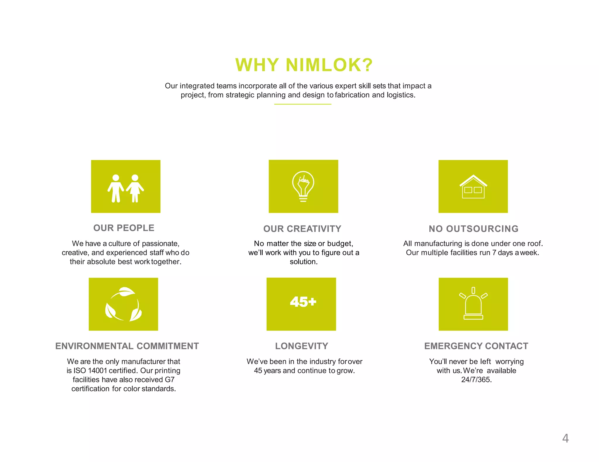 WHY NIMLOK?
Our integrated teams incorporate all of the various expert skill sets that impact a
project, from strategic planning and design to fabrication and logistics.
OUR PEOPLE
We have a culture of passionate,
creative, and experienced staff who do
their absolute best worktogether.
OUR CREATIVITY
No matter the size or budget,
we’ll work with you to figure out a
solution.
NO OUTSOURCING
All manufacturing is done under one roof.
Our multiple facilities run 7 days aweek.
ENVIRONMENTAL COMMITMENT
We are the only manufacturer that
is ISO 14001 certified. Our printing
facilities have also received G7
certification for color standards.
LONGEVITY
We’ve been in the industry forover
45 years and continue to grow.
EMERGENCY CONTACT
You’ll never be left worrying
with us.We’re available
24/7/365.
45+
4
 