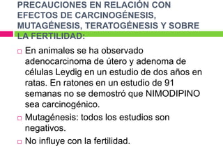 PRECAUCIONES EN RELACIÓN CON 
EFECTOS DE CARCINOGÉNESIS, 
MUTAGÉNESIS, TERATOGÉNESIS Y SOBRE 
LA FERTILIDAD: 
 En animales se ha observado 
adenocarcinoma de útero y adenoma de 
células Leydig en un estudio de dos años en 
ratas. En ratones en un estudio de 91 
semanas no se demostró que NIMODIPINO 
sea carcinogénico. 
 Mutagénesis: todos los estudios son 
negativos. 
 No influye con la fertilidad. 
 