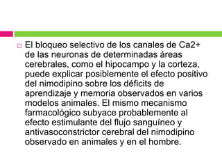  El bloqueo selectivo de los canales de Ca2+ 
de las neuronas de determinadas áreas 
cerebrales, como el hipocampo y la corteza, 
puede explicar posiblemente el efecto positivo 
del nimodipino sobre los déficits de 
aprendizaje y memoria observados en varios 
modelos animales. El mismo mecanismo 
farmacológico subyace probablemente al 
efecto estimulante del flujo sanguíneo y 
antivasoconstrictor cerebral del nimodipino 
observado en animales y en el hombre. 
 