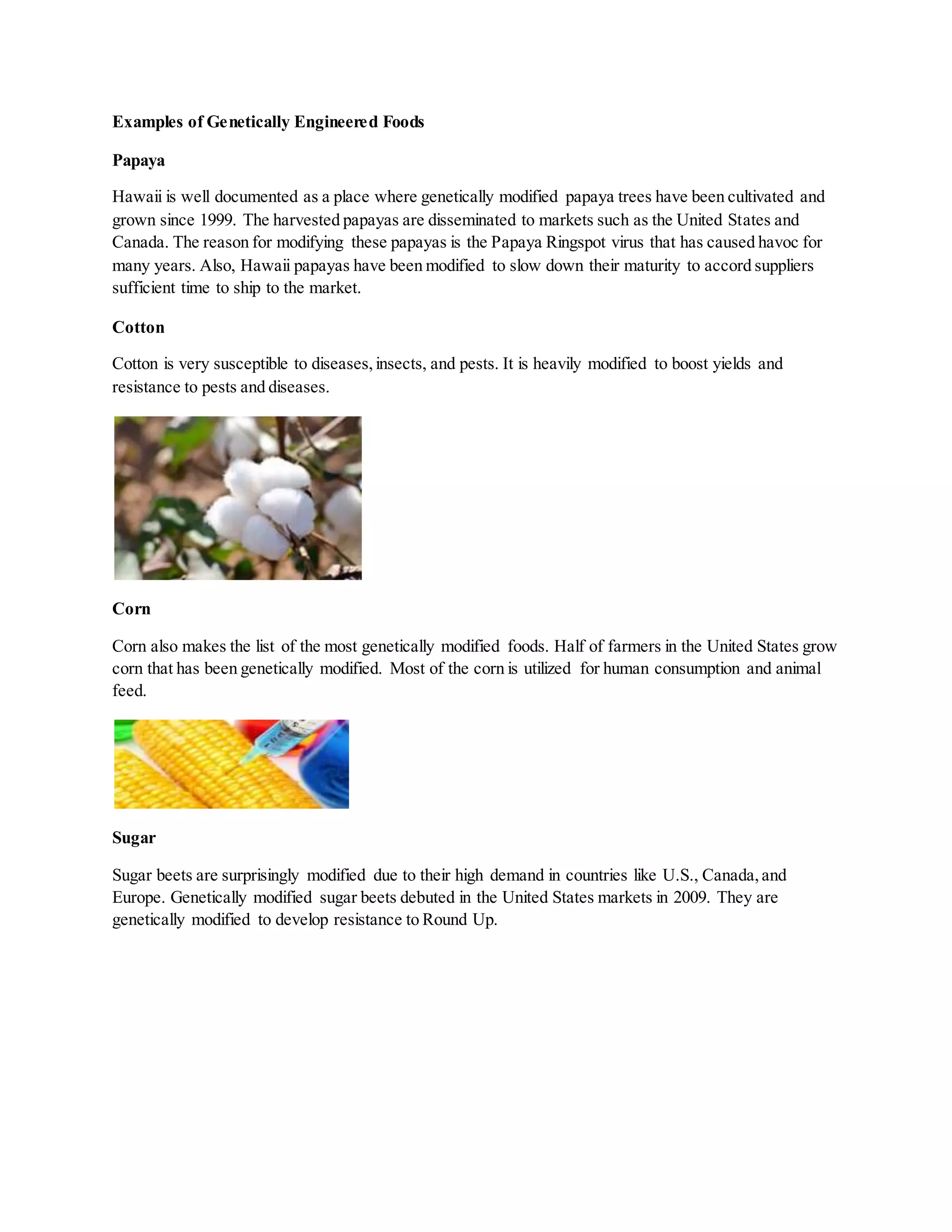 Examples of Genetically Engineered Foods
Papaya
Hawaii is well documented as a place where genetically modified papaya trees have been cultivated and
grown since 1999. The harvested papayas are disseminated to markets such as the United States and
Canada. The reason for modifying these papayas is the Papaya Ringspot virus that has caused havoc for
many years. Also, Hawaii papayas have been modified to slow down their maturity to accord suppliers
sufficient time to ship to the market.
Cotton
Cotton is very susceptible to diseases,insects, and pests. It is heavily modified to boost yields and
resistance to pests and diseases.
Corn
Corn also makes the list of the most genetically modified foods. Half of farmers in the United States grow
corn that has been genetically modified. Most of the corn is utilized for human consumption and animal
feed.
Sugar
Sugar beets are surprisingly modified due to their high demand in countries like U.S., Canada,and
Europe. Genetically modified sugar beets debuted in the United States markets in 2009. They are
genetically modified to develop resistance to Round Up.
 