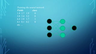 Training the neural network
Fields class
1.4 2.7 1.9 0
3.8 3.4 3.2 0
6.4 2.8 1.7 1
4.1 0.1 0.2 0
etc …
 