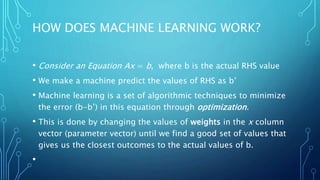 HOW DOES MACHINE LEARNING WORK?
• Consider an Equation Ax = b, where b is the actual RHS value
• We make a machine predict the values of RHS as b’
• Machine learning is a set of algorithmic techniques to minimize
the error (b-b’) in this equation through optimization.
• This is done by changing the values of weights in the x column
vector (parameter vector) until we find a good set of values that
gives us the closest outcomes to the actual values of b.
•
 