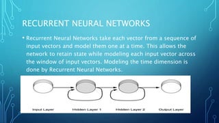 RECURRENT NEURAL NETWORKS
• Recurrent Neural Networks take each vector from a sequence of
input vectors and model them one at a time. This allows the
network to retain state while modeling each input vector across
the window of input vectors. Modeling the time dimension is
done by Recurrent Neural Networks.
 
