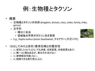 例：生物種とタクソン
• 概要
– 生物種とタクソンの名前 (kingdom, divison, class, order, family, tribe,
genus)
– 文字列
• 種は二名法
• 領域毎の学界がタクソン名を管理
– E.g., Papilo xuthus (Asian Swallowtail, ナミアゲハ,호랑나비)
• （IDとしてみたときの）要求仕様との整合性
– 1. (安定したID) たぶん（でも消滅、名前変更、内容変更もあり）
– 2. (唯一ID) 概ねあるが、実はそれほどない
– 3. (参照解決可能) ない。
– 4. (信頼できる発行者)たぶん
 