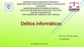 REPÚBLICA BOLIVARIANA DE VENEZUELA
MINISTERIO DEL PODER POPULAR PARA LA EDUCACIÓN
SUPERIOR
UNIVERSIDAD BICENTENARIA DE ARAGUA
FACULTAD DE CIENCIAS POLÍTICAS Y POLÍTICAS
ESCUELA DE DERECHO
SAN JOAQUÍN DE TURMERO- EDO. ARAGUA
Alumna: Nimsay Sanoja
C.I:24686589
San Joaquín de Turmero
 