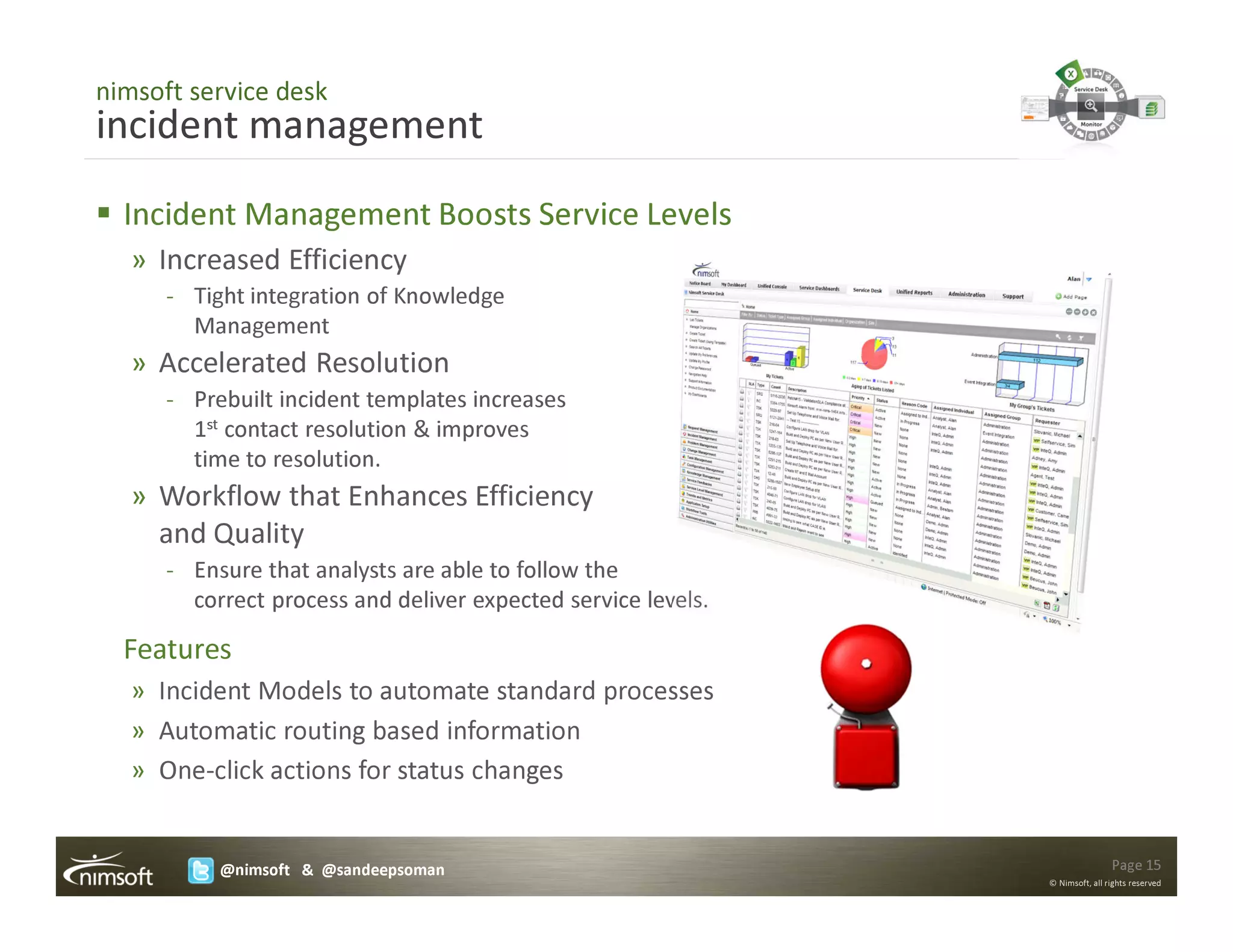 nimsoft service desk
incident management
  Incident Management Boosts Service Levels
   » Increased Efficiency
      - Tight integration of Knowledge
        Management
   » Accelerated Resolution
      - Prebuilt incident templates increases
        1st contact resolution & improves
        time to resolution.
   » Workflow that Enhances Efficiency
     and Quality
      - Ensure that analysts are able to follow the
        correct process and deliver expected service levels.

  Features
   » Incident Models to automate standard processes
   » Automatic routing based information
   » One-click actions for status changes


           @nimsoft & @sandeepsoman                                            Page 15
                                                               © Nimsoft, all rights reserved
 