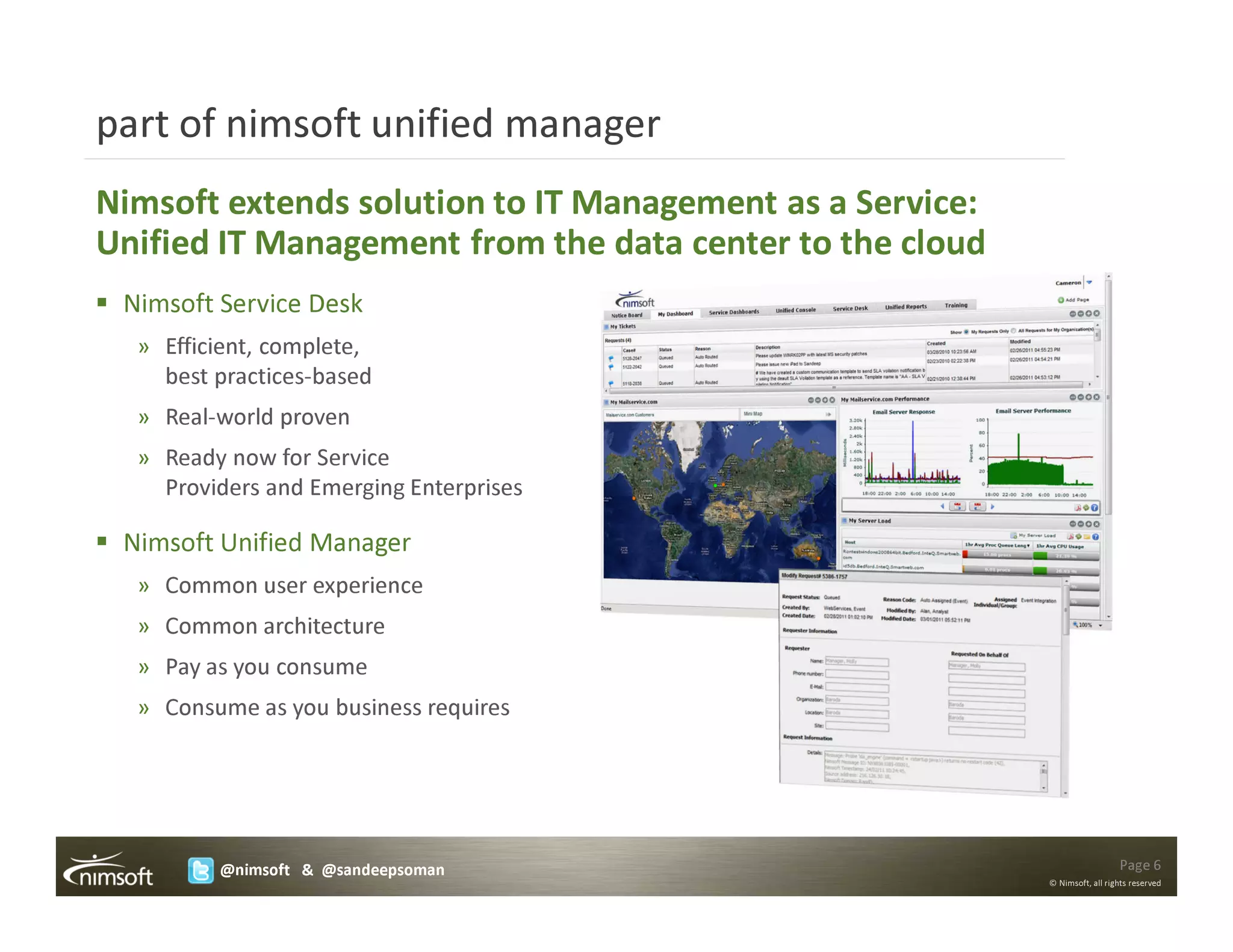 part of nimsoft unified manager
Nimsoft extends solution to IT Management as a Service:
Unified IT Management from the data center to the cloud
 Nimsoft Service Desk
  » Efficient, complete,
    best practices-based
  » Real-world proven
  » Ready now for Service
    Providers and Emerging Enterprises

 Nimsoft Unified Manager
  » Common user experience
  » Common architecture
  » Pay as you consume
  » Consume as you business requires




         @nimsoft & @sandeepsoman                                           Page 6
                                                          © Nimsoft, all rights reserved
 