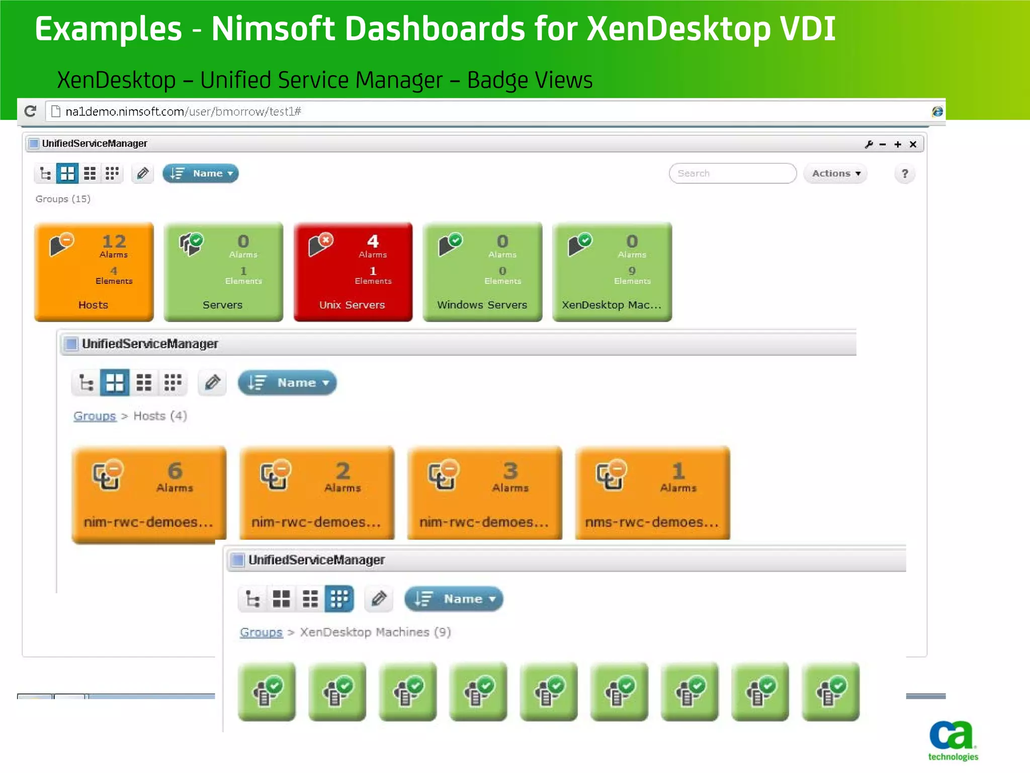 Examples - Nimsoft Dashboards for XenDesktop VDI
 XenDesktop – Unified Service Manager – Badge Views
 
