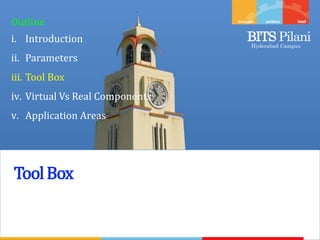 BITS Pilani
Hyderabad Campus
Outline
i. Introduction
ii. Parameters
iii. Tool Box
iv. Virtual Vs Real Components
v. Application Areas
ToolBox
 