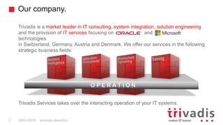 Our company.
anomaly detection2 08/01/2018
Trivadis is a market leader in IT consulting, system integration, solution engineering
and the provision of IT services focusing on and
technologies
in Switzerland, Germany, Austria and Denmark. We offer our services in the following
strategic business fields:
Trivadis Services takes over the interacting operation of your IT systems.
O P E R A T I O N
 