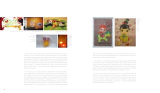 No ano de 2002, Nina faz seu début em exposições no exterior, participando com pinturas da
coletiva I Don’t Know
são convidados para pintar diversos muros e fachadas no país (que inclui um projeto em Kassel,
cidade que sedia a importante Documenta), além de França e Grécia. “Havia muita informalidade
cidade, e de lá partíamos para outro lugar”, diz ela, que passou cerca de seis meses fazendo
essas intervenções. O intercâmbio internacional faz com que ela conheça artistas de outros
somente via reproduções.
No ano seguinte, Nina já começa a expor em cidades maiores, como Madri, Barcelona e
Berlim. Na capital alemã, na individual Jujuba & Lollipop, a artista começa a experimentar a tridi-
mensionalidade, mas com acento seu. “Fiz bonequinhas de feltro com olhos de resina”, lembra
de grandes proporções na mostra Regellos, em Heidelberg, já contente com as experiências
com os volumes. Hoje, essa vertente é bastante explorada pela artista, que testa materiais no-
individual na galeria Leme, Aos Nossos Olhos, em 2008. Na mostra, chama a atenção uma de
suas meninas, com tranças avermelhadas que se misturam a um balanço, que é pendurada no
teto do vigoroso bloco de concreto desenhado por Paulo Mendes da Rocha e que constitui o
principal espaço expositivo da galeria do Butantã.
E, de certa forma, a vontade do tridimensional perpassa a carreira da artista. Inspirada também
pelo costurar de roupas como atividade de lazer da mãe, Nina cria pinturas que têm crochês,
objetos que abrigam bolinhas de gude, superfícies pictóricas que ocultam/revelam pontos de
cristal (talvez uma das produções mais famosas e, por extensão, vendidas) e telas nas quais o
suporte é formado por tecidos de padronagens diversas. Esse último agrupamento é dos mais
interessantes feitos pela artista, mas, paradoxalmente, é pouquíssimo conhecido.
Em 2005, a coletiva Sub-Glöb, em Örebro, Suécia, faz com que Nina conheça artistas que
admira, como a equatoriana radicada nos EUA Lady Pink, um medalhão da cena street em
Nova York _tem obras no Whitney e no Metropolitan, entre outros famosos museus, e fez par-
da intrincada rede urbana da capital japonesa.
Bordeaux, França/ France, 2002 Niort , França/ France, 2002 Niort , França/ France, 2002
Boneca de
feltro Expo Jujuba
Lollipop /
Doll made of
felt Expo
Jujube Lollipop
Exposição
“Regellos”
Heidelberg/
Alemanha,
2004
Exhibition
“Regello”
Heidelberg /
Germany,
2004
Trabalhos
feitos
em seda,
2004,
2006/
Works
done
in silk,
2004,
2006
18
 