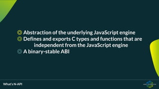 What’s N-API
◎ Abstraction of the underlying JavaScript engine
◎ Defines and exports C types and functions that are
independent from the JavaScript engine
◎ A binary-stable ABI
 
