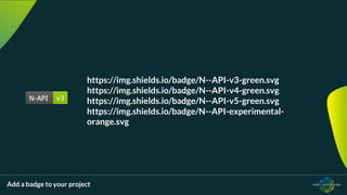 Add a badge to your project
https://img.shields.io/badge/N--API-v3-green.svg
https://img.shields.io/badge/N--API-v4-green.svg
https://img.shields.io/badge/N--API-v5-green.svg
https://img.shields.io/badge/N--API-experimental-
orange.svg
 