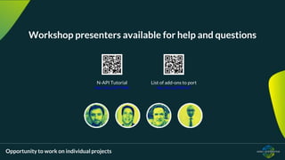 Opportunity to work on individual projects
Workshop presenters available for help and questions
N-API Tutorial
http://bit.ly/2P7HfdK
List of add-ons to port
http://bit.ly/2P80VxT
 