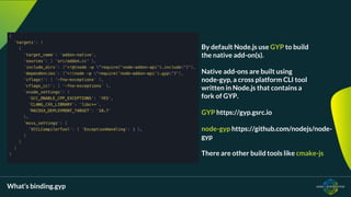 What’s binding.gyp
By default Node.js use GYP to build
the native add-on(s).
Native add-ons are built using
node-gyp, a cr...