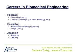 Careers in Biomedical Engineering Hospitals Clinical Engineering Laboratory Manager (Catheter, Radiology, etc.) Consulting  Healthcare consulting (Accenture) Design (IDEO) Academia Research Teaching 2009 Institute for Staff Development Students Today, Leaders Tomorrow 