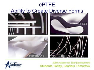 ePTFE Ability to Create Diverse Forms 2009 Institute for Staff Development Students Today, Leaders Tomorrow MEMBRANE FIBER SHEET TUBE 