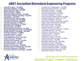 ABET Accredited Biomedical Engineering Programs University of Akron – OH (2003) University of Alabama – AL (2007) Arizona State University – AZ (1996) Boston University – (1983) Brown University – RI (2005) University of California, Irvine – CA (2008) University of California, San Diego – CA (1987) Case Western – OH (1977) Catholic University – Wa, DC (1990)  University of Central OK – OK (2008) University of Cincinnati – OH (2006) Columbia University – NY (2007) University of Connecticut – CT (2008) Drexel University – PA (2002) Duke University – NC (1972)  Florida International University – FL (2006) George Washington University – Wa, DC (2008) Georgia Institute of Technology – GA (2005) University of Hartford – CT (2004) University of Illinois – IL (1976) University of Iowa – IA (1986) Johns Hopkins University – MD (1983) Lehigh University – PA (2008) Louisiana Tech University – LA (1978) Marquette University – WI (1983) University of Miami – FL (1997) Michigan Tech University – MI (2005) Milwaukee School of Engineering – WI (1990) University of Minnesota – MN (2004) New Jersey Institute of Technology – NJ (2008) 2009 Institute for Staff Development Students Today, Leaders Tomorrow University of NY at Binghampton – NY (2008) North Carolina State University – NC (2005) Northwestern University – IL (1982) Oregon State University – OR (2006) University of Pennsylvania – PA (1982) University of Pittsburgh – PA (2001) Purdue University at West Lafayette – IN (2008) Rensselaer Polytechnic Institute – NY (1972) University of Rochester – NY (2004) Rose-Hulman Institute of Technology – IN (2007) Rutgers, State University of NJ – NJ (2007) Saint Louis University – MO (2007) Stony Brook University – NY (2006) Syracuse University – NY (1989) University of Tennessee at Knoxville – TN (2003) Texas A&M University – TX (1977) University of Texas at Austin – TX (2007) University of Toledo – OH (2000) Tulane University – LA (1981) Vanderbuilt University – TN (1992) Viginia Commonwealth University – VA (2004) University of Virginia – VA (2008) Washington State University – WA (2008) Washington University – MO (2007) University of Washington – WA (2008) Western New England College – MA (2006) University of Wisconsin, Madison – WI (2003) Worcester Polytechnic Institute – MA (2003) Wright State University – OH (1988) 