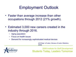 2009 Institute for Staff Development Students Today, Leaders Tomorrow Employment Outlook Faster than average increase than other occupations through 2012 (21% growth). Estimated 3,000 new careers created in the industry through 2016. Aging population  Focus on health issues  Demand for increasingly sophisticated medical devices (US Dept. of Labor, Bureau of Labor Statistics, 2009) 