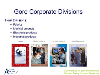 2009 Institute for Staff Development Students Today, Leaders Tomorrow Gore Corporate Divisions Four Divisions: Fabrics Medical products Electronic products Industrial products Medical products Electronic products Fabrics Industrial products 