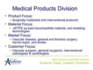 2009 Institute for Staff Development Students Today, Leaders Tomorrow Medical Products Division Product Focus:  Surgically implanted and interventional products Material Focus: ePTFE as best biocompatible material, and enabling technologies Market Focus:  Vascular disease, general and thoracic surgery, hernia repair, and stroke Customer Focus:  Vascular surgeon, general surgeons, interventional radiologists & cardiologists 
