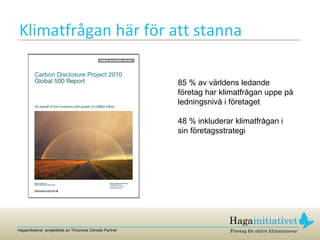 Klimatfrågan här för att stanna 85 % av världens ledande företag har klimatfrågan uppe på ledningsnivå i företaget 48 % inkluderar klimatfrågan i sin företagsstrategi 