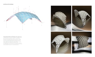 VECTOR ACTIVE SYSTEMS
After employing Grasshopper, Kangaroo, and Karamba, I
executed a form-finding script involving a space truss system.
This script calculated multiple iterations, taking into account
various support and load positions. These iterations revealed
distinct spatial truss configurations along with their
corresponding load and reaction points.Out of these iterations,
the 100th iteration was chosen due to its shell-like characteristics
and its potential to function as an enclosing structure.
Computational Structural Analysis of a space truss
 