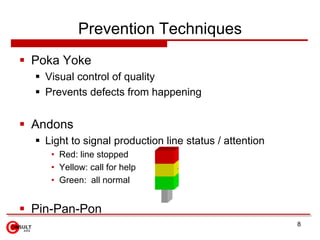 Prevention Techniques
 Poka Yoke
   Visual control of quality
   Prevents defects from happening


 Andons
   Light t...