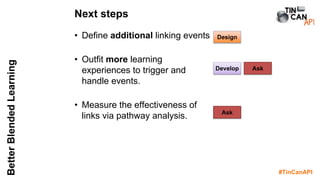#TinCanAPI
BetterBlendedLearning
• Define additional linking events
• Outfit more learning
experiences to trigger and
handle events.
• Measure the effectiveness of
links via pathway analysis.
Next steps
Develop
Design
Ask
Ask
 