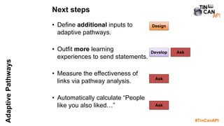 #TinCanAPI
AdaptivePathways
• Define additional inputs to
adaptive pathways.
• Outfit more learning
experiences to send statements.
• Measure the effectiveness of
links via pathway analysis.
• Automatically calculate “People
like you also liked…”
Next steps
Develop
Design
Ask
Ask
Ask
 