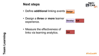 #TinCanAPI
TeamLearning
• Define additional linking events
• Design a three or more learner
experience.
• Measure the effectiveness of
links via learning analytics.
Next steps
Develop
Design
Ask
Ask
 