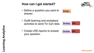 #TinCanAPI
LearningAnalytics
• Define a question you want to
answer.
• Outfit learning and workplace
activities to send Tin Can data.
• Create LRS reports to answer
your question.
How can I get started?
Develop
Develop
Design
Ask
Ask
 