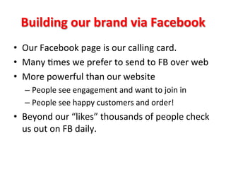 Building	
  our	
  brand	
  via	
  Facebook	
  
•  Our	
  Facebook	
  page	
  is	
  our	
  calling	
  card.	
  
•  Many	
  8mes	
  we	
  prefer	
  to	
  send	
  to	
  FB	
  over	
  web	
  	
  
•  More	
  powerful	
  than	
  our	
  website	
  
–  People	
  see	
  engagement	
  and	
  want	
  to	
  join	
  in	
  
–  People	
  see	
  happy	
  customers	
  and	
  order!	
  	
  

•  Beyond	
  our	
  “likes”	
  thousands	
  of	
  people	
  check	
  
us	
  out	
  on	
  FB	
  daily.	
  	
  	
  

 