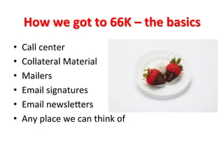 How	
  we	
  got	
  to	
  66K	
  –	
  the	
  basics	
  
• 
• 
• 
• 
• 
• 

Call	
  center	
  
Collateral	
  Material	
  
Mailers	
  
Email	
  signatures	
  
Email	
  newslegers	
  
Any	
  place	
  we	
  can	
  think	
  of	
  

 