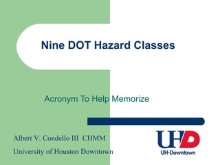 Nine DOT Hazard Classes
Acronym To Help Memorize
Albert V. Condello III CHMM
University of Houston Downtown
 